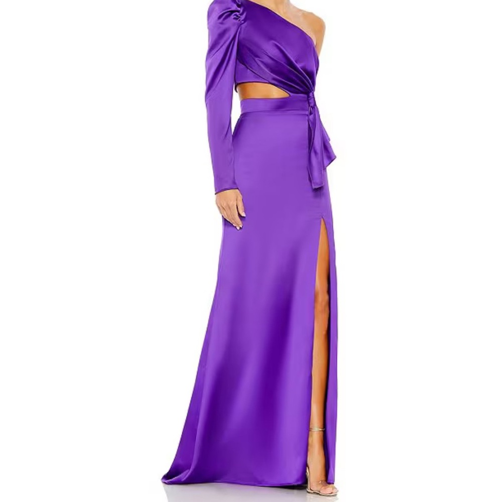 Mac Duggal Purple Asymmetrical One Shoulder Puff Sleeve Cut Out High Slit Gown